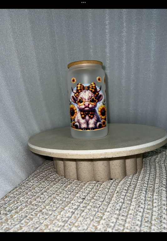 Sun flower highland cow frosted glass